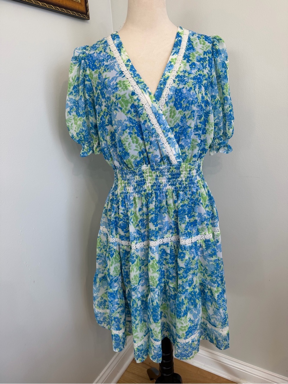 Taylor Blue & Green Floral Wrap Midi Dress with Smocked Waist